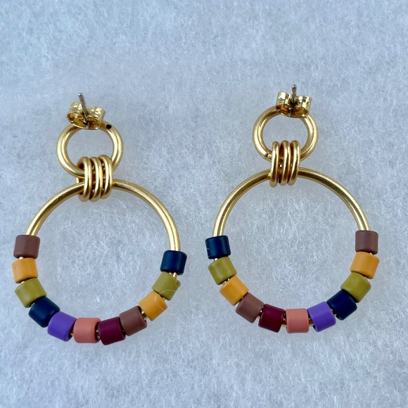 Rainbow Beaded Statement gold-plated brass (sterling silver posts) Hoop Earrings - Picture 2 of 2